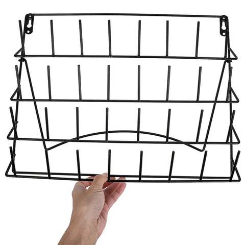 Kick Your Countertop Chaos Out The Door With These Straight Sturdy Metal Wall Racks Featuring Hella Spacious Bottle Display Shelves For Kitchen Bathroom Decor And Space Saving Storage, black metal wall shelf being held, three-tier design.