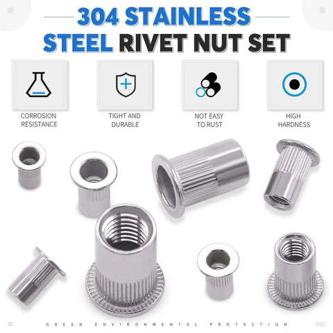 180Pcs Flat Head Rivet Nut Kit Stainless Steel Insert Rivnuts Set M3 To M10 With Storage Box Metric Threaded Rivnuts