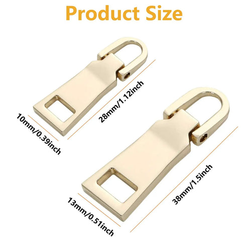 Gold Metal Zipper Pull Replacement For Luggage Suitcase Backpack Jacket Coat Boots, Durable Zinc Alloy, two sizes shown