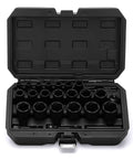 25 Piece Bolt Nut Extractor Set With Three Eighths Inch And One Half Inch Drive Heavy Duty Impact Lug Nut Remover Sockets open case