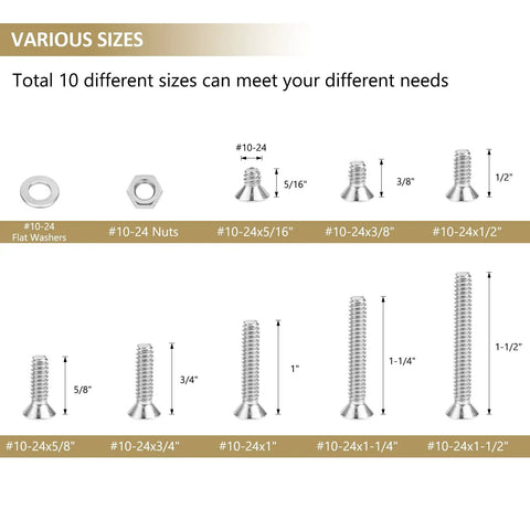 Various sizes of Badass 142 Piece Stainless Steel Screw Assortment Kit, including #10-24 nuts and flat washers.