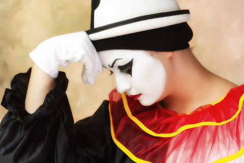 Person in mime costume with white face paint and hat, wearing White Cotton Gloves Set For Women And Men All Day Comfort.