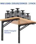 Heavy Duty 24 Inch Folding Shelf Bracket Rock Solid Black Steel Wall Mount With Reinforced Triangle Frame Anti Rust Coating Supports Up To Eleven Hundred Pounds Quick Setup Smart Home Storage Upgrade with weights on wooden shelf.