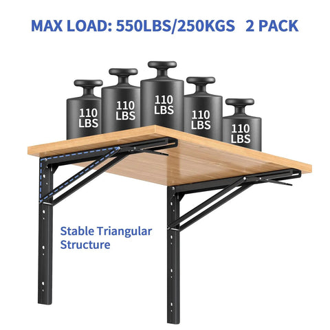 Heavy Duty 24 Inch Folding Shelf Bracket Rock Solid Black Steel Wall Mount With Reinforced Triangle Frame Anti Rust Coating Supports Up To Eleven Hundred Pounds Quick Setup Smart Home Storage Upgrade with weights on wooden shelf.
