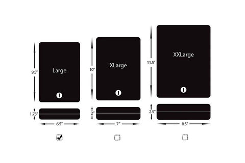 Diagram comparing sizes of keyed lock boxes, showing Large at 9.5 x 6.5 x 1.75 inches, XLarge, and XXLarge options.
