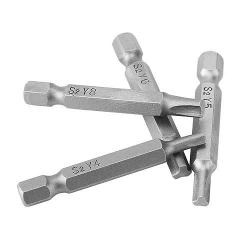 Kickstart Your DIY Game With This 4PCS Y-Type Screwdriver Bit Set, Featuring Heavy-Duty Chrome Alloy Steel That Never Strips And Fits Standard 1/4 Inch Cordless Drills For Secure Security Fastening Jobs. 4-piece Y-type security bits, Y4 Y5 Y6 Y8, 1/4 inch hex, chrome alloy steel