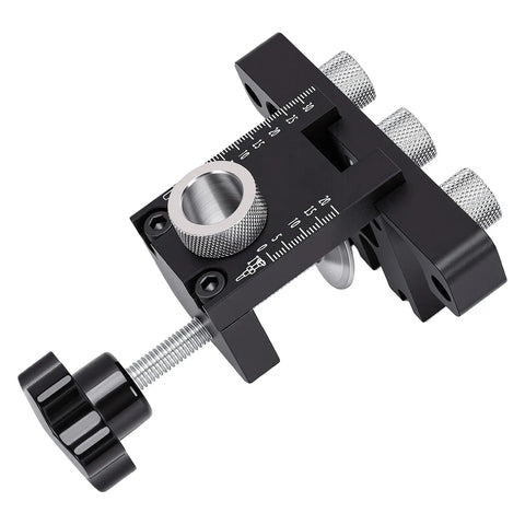 Rock Solid Self Centering Doweling Jig Kit Three In One Woodworking Tool with aluminum clamp and precise adjustment knobs.