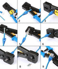 Pro Grade Ethernet Crimp Tool For Pass Through And Standard Ends Heavy Duty Crimper in use with blue cable and connectors
