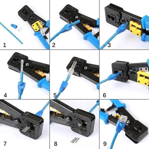 Pro Grade Ethernet Crimp Tool For Pass Through And Standard Ends Heavy Duty Crimper in use with blue cable and connectors