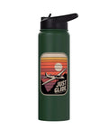Green insulated stainless steel water bottle for sailplane pilots and glider fans with Just Glide decal on white background.