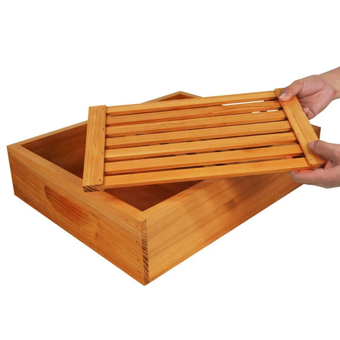 Top Frame Bee Feeder With Floats For Beekeeping 10 Frame Hive Top Feeder With Beeswax Dipped Wood, hands lifting lid