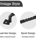Close-up view of 2 Pack Barn Door Pull Handles For Wood Gates And Cabinets Tough As Nails Steel With Black Powder Coat Built To Last 4 5 Or 6 Inch Sizes Ideal For Garden Gates Sheds And Pantry Cabinets, showing leaf-like design and spiral pattern.