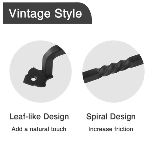 Close-up of vintage style 2 Pack Barn Door Pull Handles Heavy Duty Black Matte Finish with leaf-like and spiral design details.