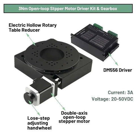 3Nm Open-loop stepper motor driver kit with electric hollow rotary table reducer and DM556 driver for CNC applications.