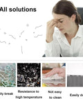 Frustrated person with hand on forehead above images describing kitchen solutions: broken glass, heat resistance, cleaning, tipping.