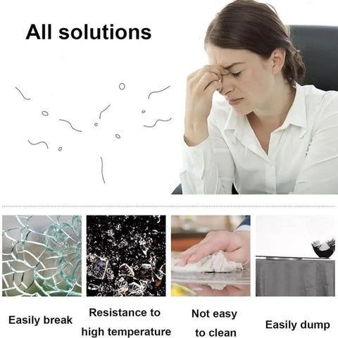 Frustrated person with hand on forehead above images describing kitchen solutions: broken glass, heat resistance, cleaning, tipping.