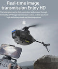 C127AI Scout RC Drone in flight with 1080P camera above rocky terrain, controlled via smartphone, showcasing real-time HD transmission.