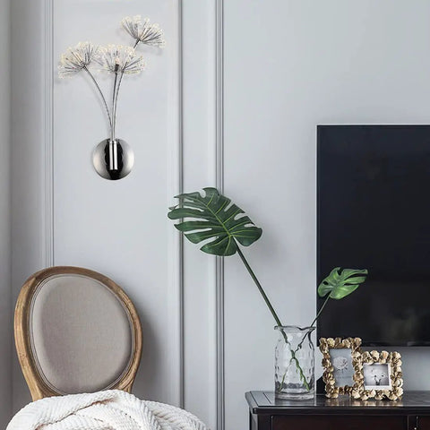 Crystal Glass 3 Light Dandelion Wall Sconce in Brushed Nickel Stainless Steel Mount for Bedroom Living Room Hallway Modern