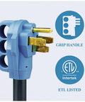 Close-up of Heavy Duty NEMA 14 50P to 6 50R Welder and RV Power Adapter plug with grip handle and ETL certification logo.
