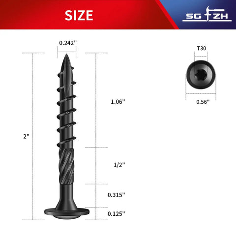 Diagram of a 2-inch lag screw with dimensions for outdoor wood projects, showing T30 Torx head and washer base, black carbon steel.