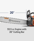 Gas Chainsaw With 20 Inch Bar And Auto Oiler Three Point Five HP 55cc Two Cycle X Torq Engine image showing side view