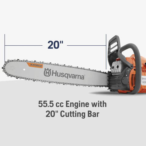 Gas Chainsaw With 20 Inch Bar And Auto Oiler Three Point Five HP 55cc Two Cycle X Torq Engine image showing side view