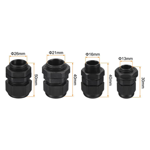 Four cable glands from the 33 Pcs Cable Gland Kit With Pro Grade Adjustable Nylon Conduit Fittings, various sizes displayed.