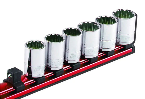Heavy Duty 3/8 Inch Drive Magnetic Socket Rail Organizer Featuring Legit Strong Rare Earth Magnets And Spring Loaded Clips For Keeping Your Garage Tools Neat And Secure