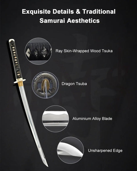 Unsharpened Aluminum Wakizashi Iaito For Iaido Practice And Display, showing ray-skin tsuka, dragon tsuba, aluminum alloy blade