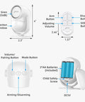 125dB Motion Sensor Alarm With Remote showing dimensions, buttons, and battery compartment for home and garage security.