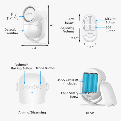 125dB Motion Sensor Alarm With Remote showing dimensions, buttons, and battery compartment for home and garage security.