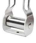 Close-up of metal pulley from Backyard Zip Line Kit With Tree Protector Easy Install Outdoor Zip Line System For Teens And Kids Durable 250 Lb Weight Capacity Kid Friendly Fun Balance Toys For Yard Playground Park Beach Camping School.