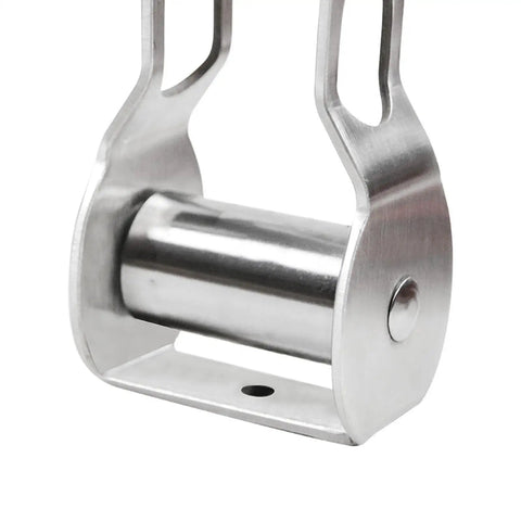 Close-up of metal pulley from Backyard Zip Line Kit With Tree Protector Easy Install Outdoor Zip Line System For Teens And Kids Durable 250 Lb Weight Capacity Kid Friendly Fun Balance Toys For Yard Playground Park Beach Camping School.
