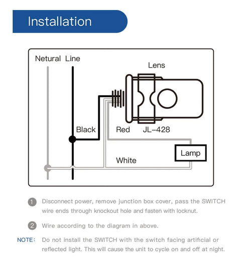Installation diagram of Outdoor Wire In Photocell Switch With Photoelectric Sensor For Stem Mount Lighting MCU Powered Light Control JL428C.