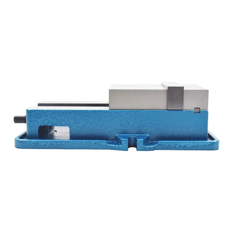 Shop Ready 5 Inch Heavy Duty Milling Machine Vise Crafted From Rock Solid Cast Iron With Precision Ground Rails in side view.