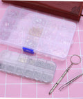 Eyeglass Repair Kit With Assorted Tiny Screws Nose Pads And Screwdriver For Sunglasses And Spectacles Complete Tool For Quick Repairs And Adjustments Grab And Go Convenience With Organized Storage Case, showing screw and pad compartments, screwdriver, and tweezer on a pink background.