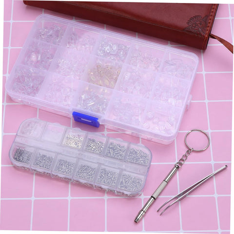 Eyeglass Repair Kit With Assorted Tiny Screws Nose Pads And Screwdriver For Sunglasses And Spectacles Complete Tool For Quick Repairs And Adjustments Grab And Go Convenience With Organized Storage Case, showing screw and pad compartments, screwdriver, and tweezer on a pink background.