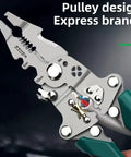 18 In 1 Folding Pliers Multi Tool For Electricians showing wire stripping function with green handles and pulley design.
