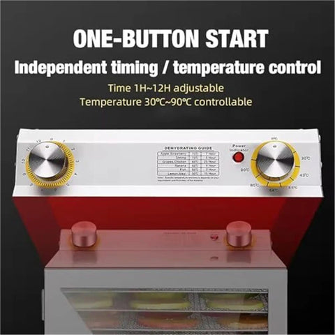 Four Hundred Watt Food Dehydrator With Six Roomy Mesh Trays And Precise Temperature Settings showing control panel for time and temperature.