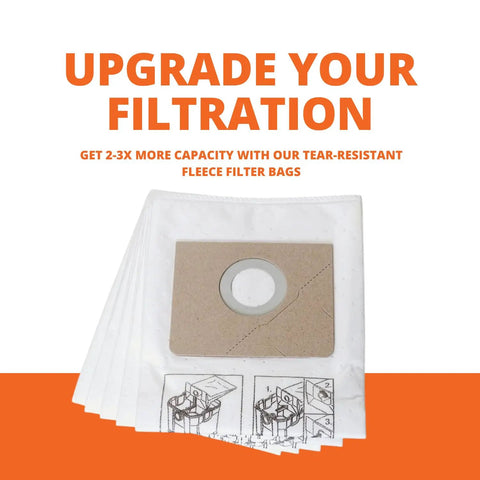 Tear-Resistant Fleece Filter Bags Pro Grade Extended Capacity for Heavy Dust, showing 5-pack nonwoven material bags with flange.