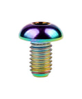 Rainbow Titanium M5x8mm bolt showing rainbow finish, button head, and 3mm Allen socket, part of pack for bike accessories.