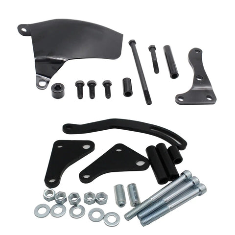 Upgrade Your Classic Chevy Build With This High Performance Power Steering Pump And Water Pump Kit For Small Block V8 Engines Like 350 400 Featuring Precise Fitment For Long Water Pump Applications With Smooth Operation. Black steel brackets, bolts, and spacers kit