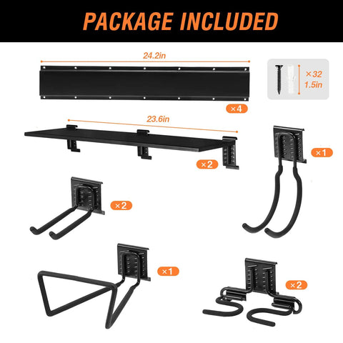 Heavy Duty Steel Garage Tool Wall Rack With Shelves And 6 Hooks package contents with mounting plates and accessories