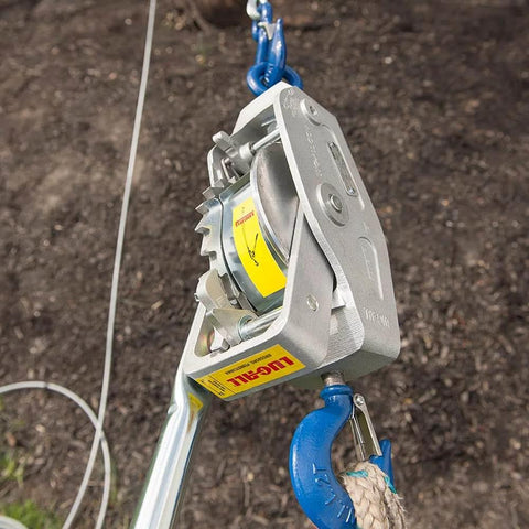 Industrial Grade Cable Come Along Winch With 2 Ton Capacity, Double Or Single Line Lift, shown in rugged outdoor setup