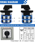 Heavy Duty 660V 125A Rotary Changeover Switch With Exterior IP65 Box, wiring diagram and front view with 8 terminals marked