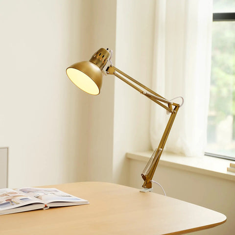 Clamp-On Swing Arm Desk Lamp In White With Nickel Accents 31.5 Inch Reach On Off Rotary Switch Book Reading Light For Home Office Decor LED Bulb Compatible on desk
