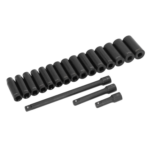Ultimate 18-Pc Metric Hex Impact Socket Kit With Cr-V Steel Sockets From 10mm To 24Mm Plus Extensions And Storage Box For Your Garage Repair Jobs And Auto Hobbies, 10-24mm sockets with extensions