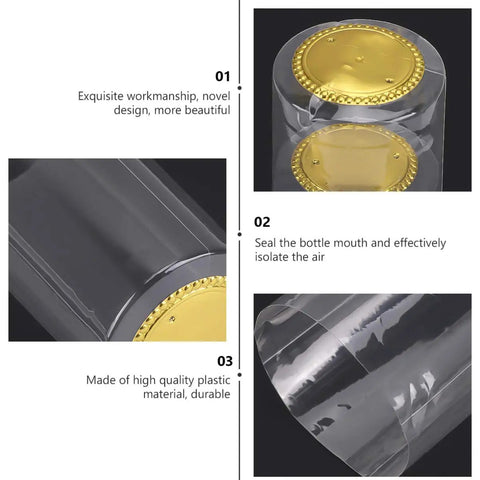 100 Piece Clear PVC Heat Shrink Wine Bottle Caps add a top shelf vibe to your glass bottles, showing the sealing design and quality material.