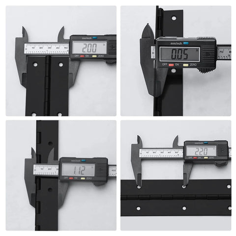 2-pack black stainless steel piano hinge, 2 in open width x 18 in length, 0.06 in thick with holes.