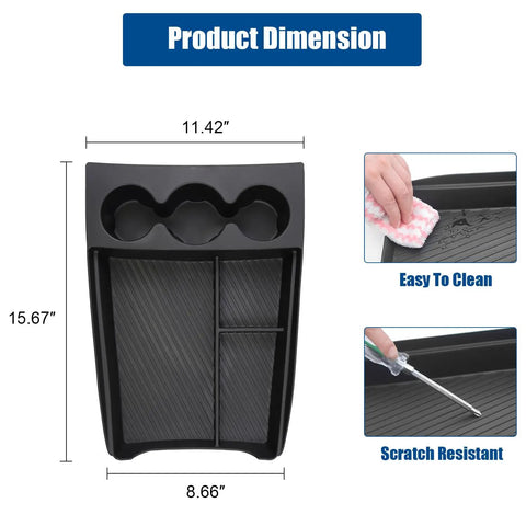 Lower Center Console Organizer for 2022 2026 Rivian R1T and R1S showing dimensions and cleaning features